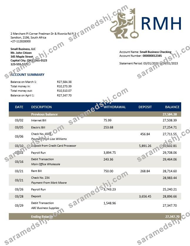 Rand Merchant Bank enterprise account statement Word and PDF template